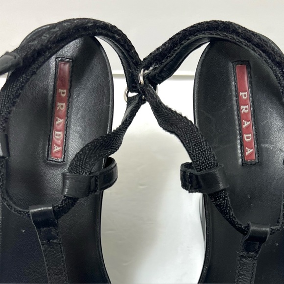 Prada Platform T Strap Wedge Heel Sandal Patent Leather Black EU 40 US 10 - Picture 14 of 15